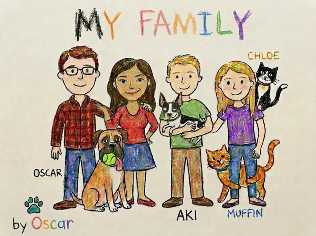 My Family, by Oscar — a crayon drawing of the family with Oscar the boxer, Aki, Muffin and Chloe