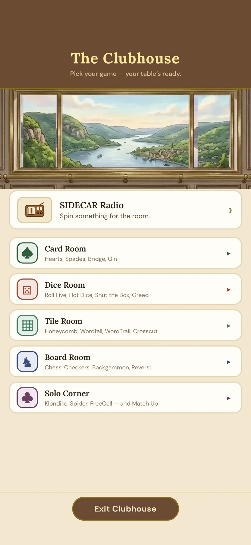 The Clubhouse: card, dice, tile and board rooms