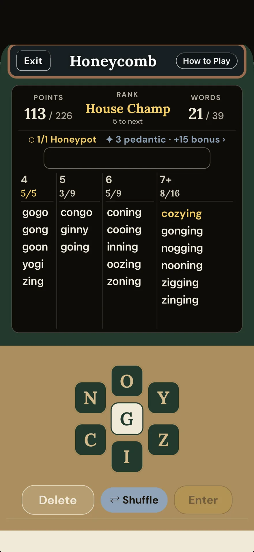 Honeycomb, a SIDECAR original word game, mid-play